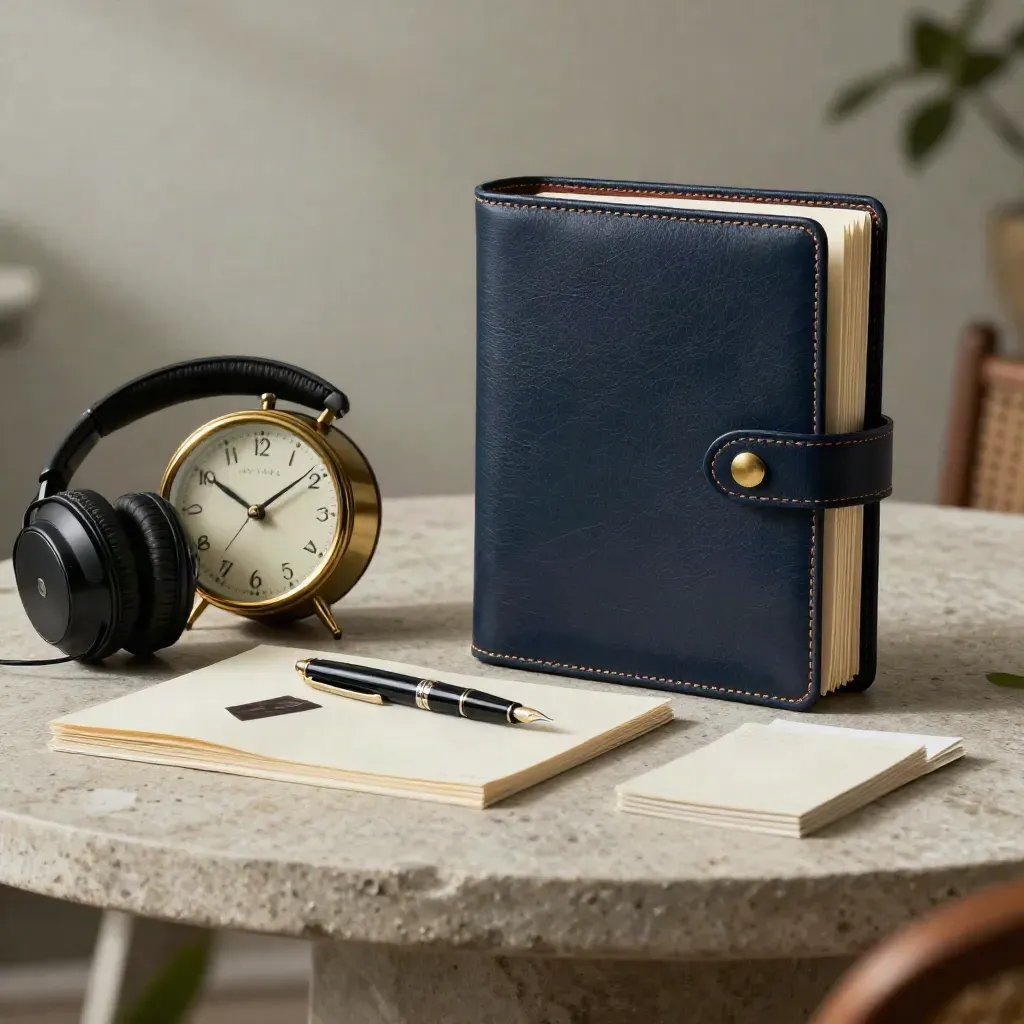 Leather mentor binder, brass clock, headset, pen and session cards on pale stone, lit by soft daylight.