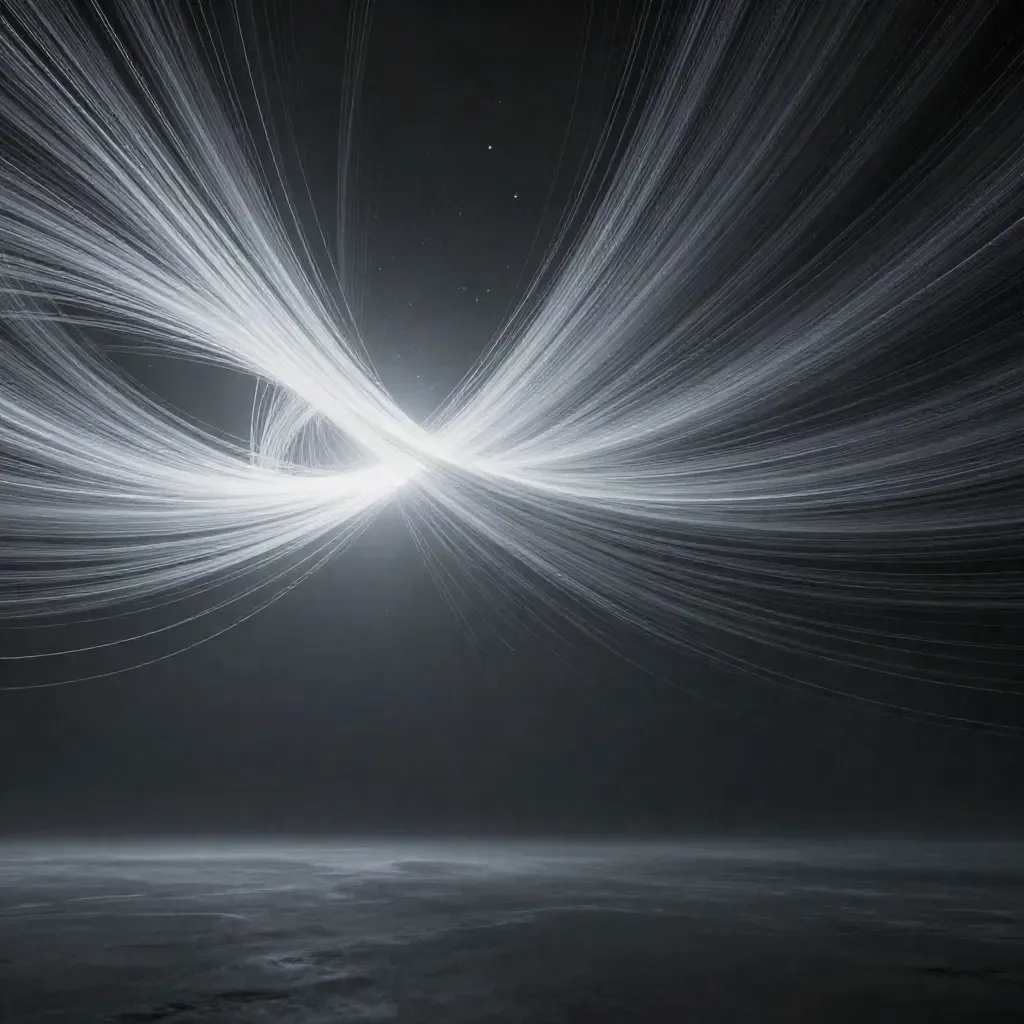 Silver light filaments converge into a soft bloom in dark graphite space.