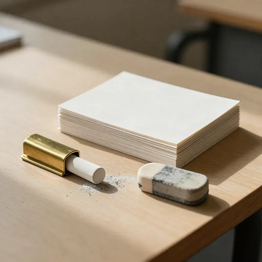 Chalk, brass bookmark, seminar cards, and eraser on pale wood in dramatic light.