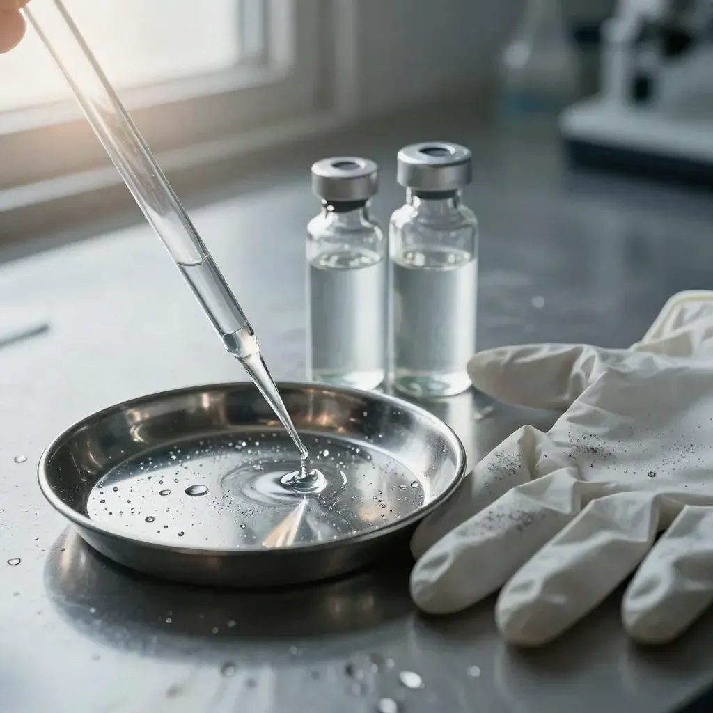 Macro biotech still life of a pipette, vial, steel dish, and glove on brushed metal.
