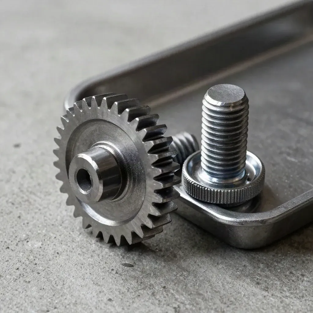 Gear blank, bolt, collar, and parts tray on dusty concrete under hard skimming light.