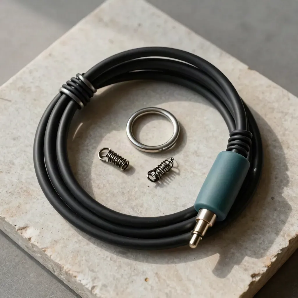 Top-down still life of audio cable, mic shock ring, cable clips and adapter on pale stone.