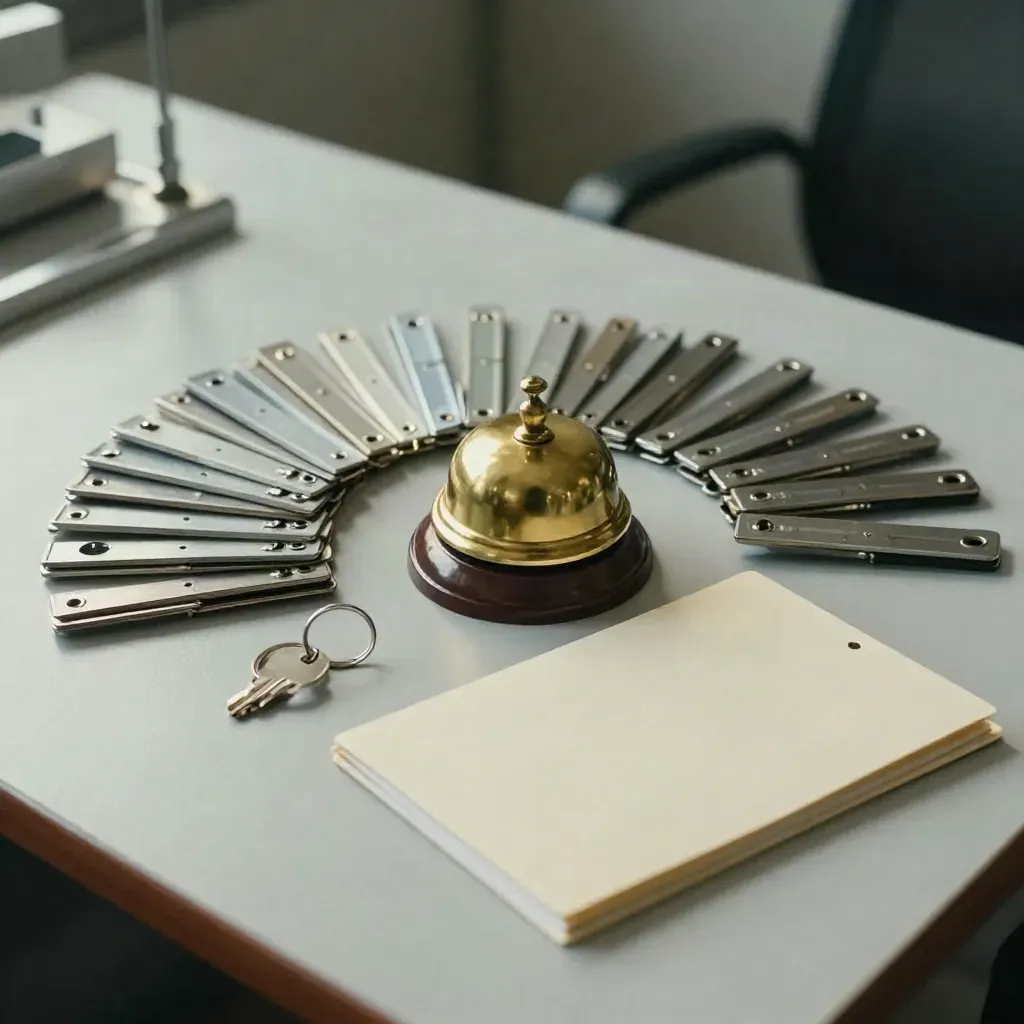 HR still life with badge clips, folder, brass bell, and key ring on pale plaster.