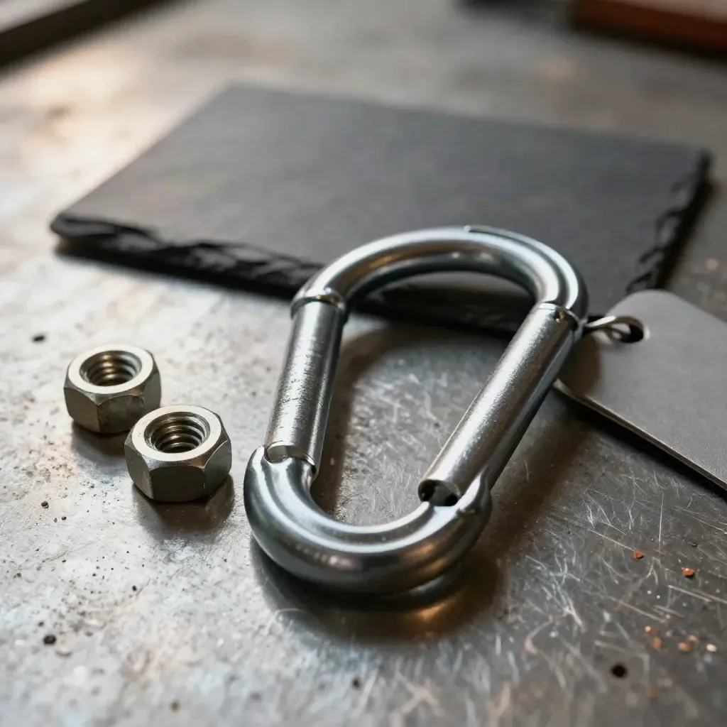 Macro still life of construction hardware on brushed steel under warm workshop light.