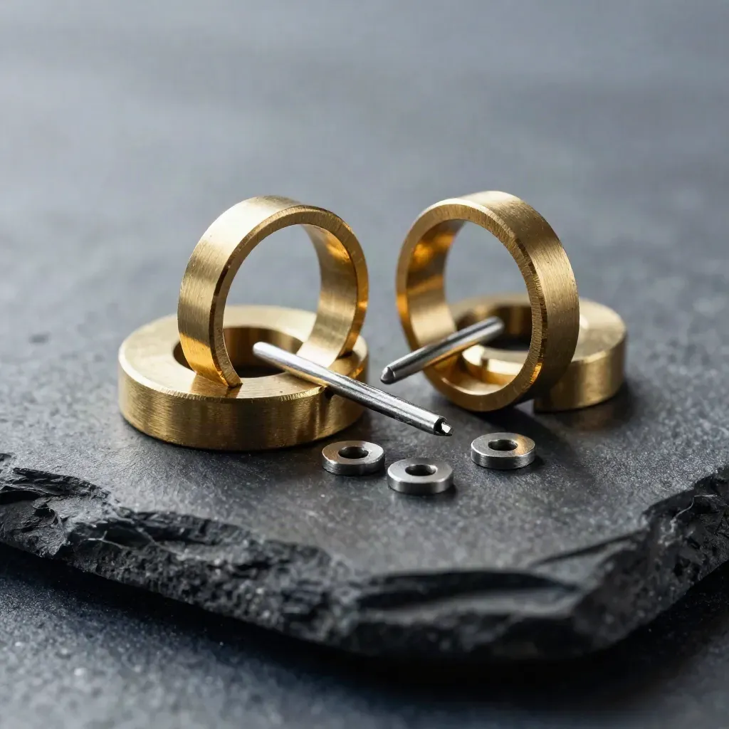 Brass profile tokens and spacer discs aligning on graphite in soft studio light.
