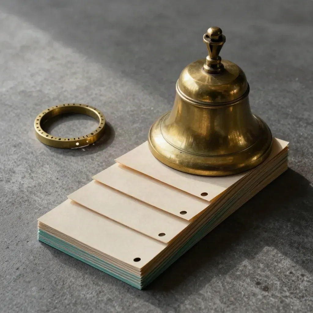 Brass desk bell, time ring, and appointment tabs on pale concrete under dramatic studio light.