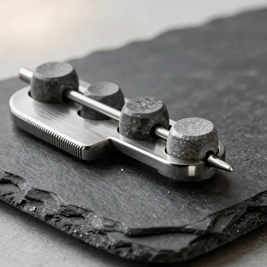 Macro still life of a tally wheel, stone markers, and ribbon marker on slate.