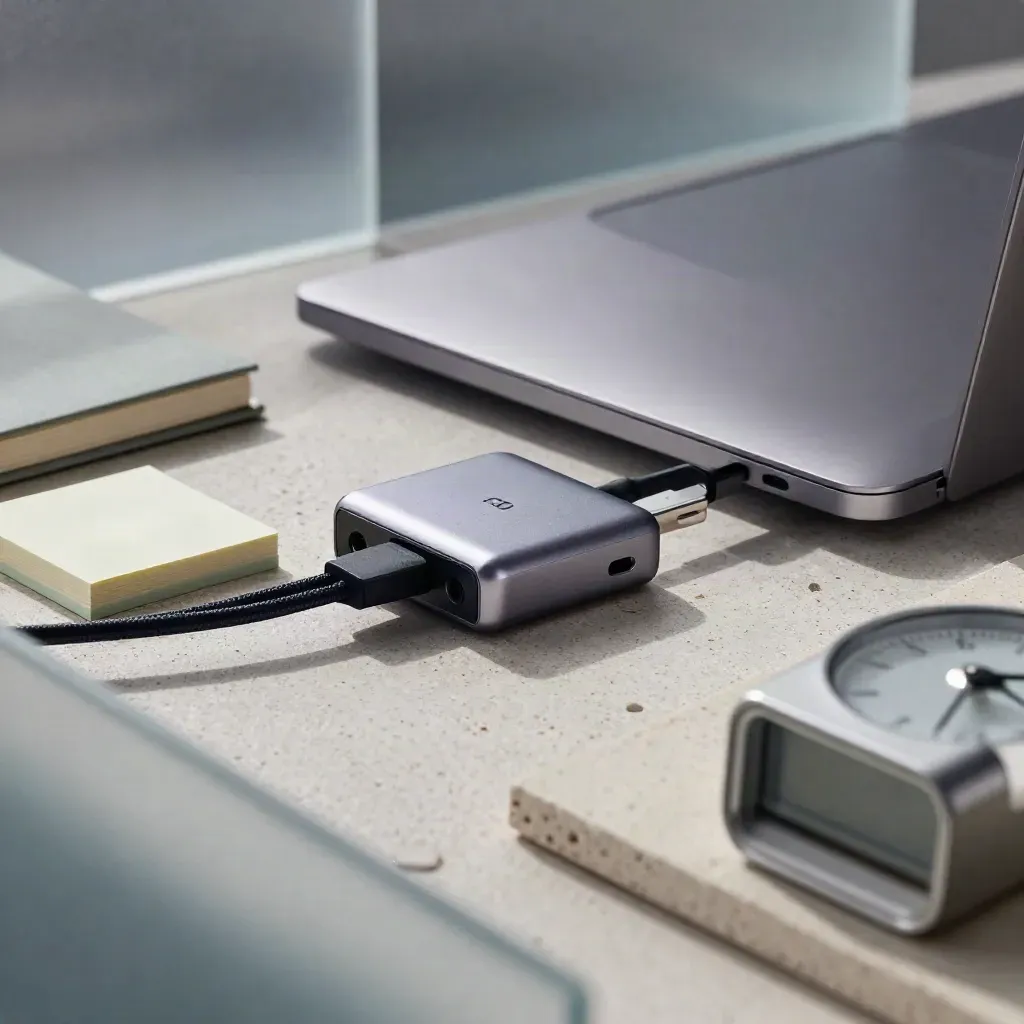 Closed laptop, timer, hub, tabs, and notebook seen through frosted glass on pale stone.