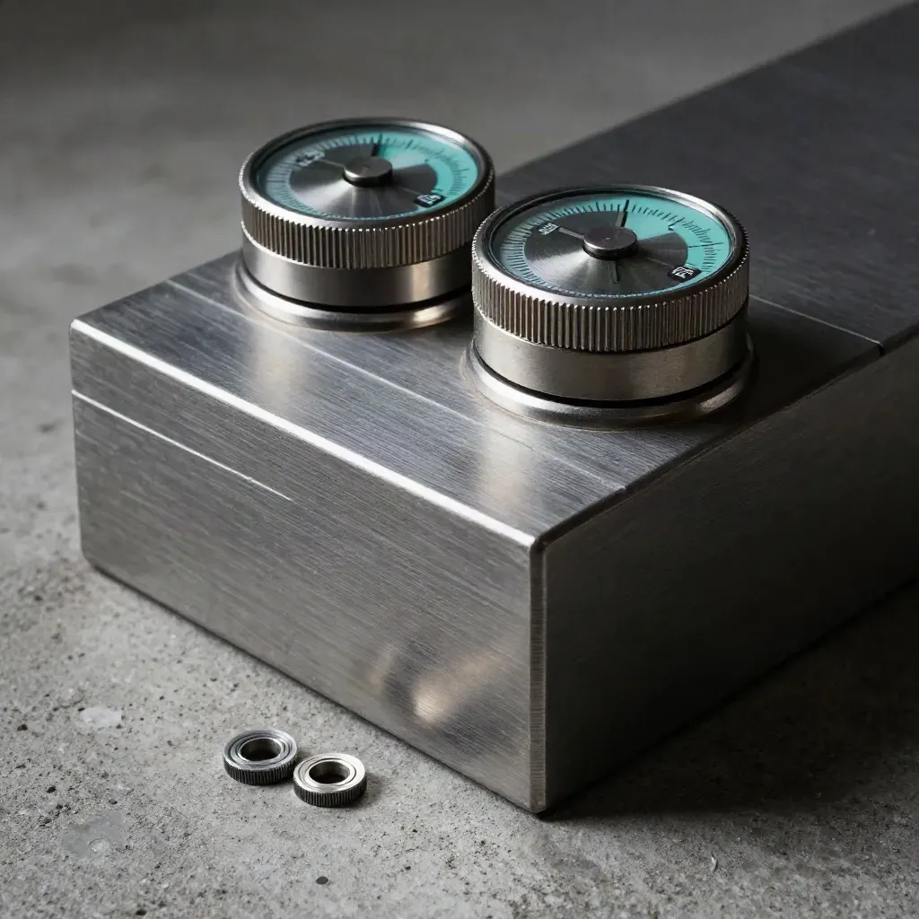 Metal tally counters and dials on concrete under dramatic studio light.