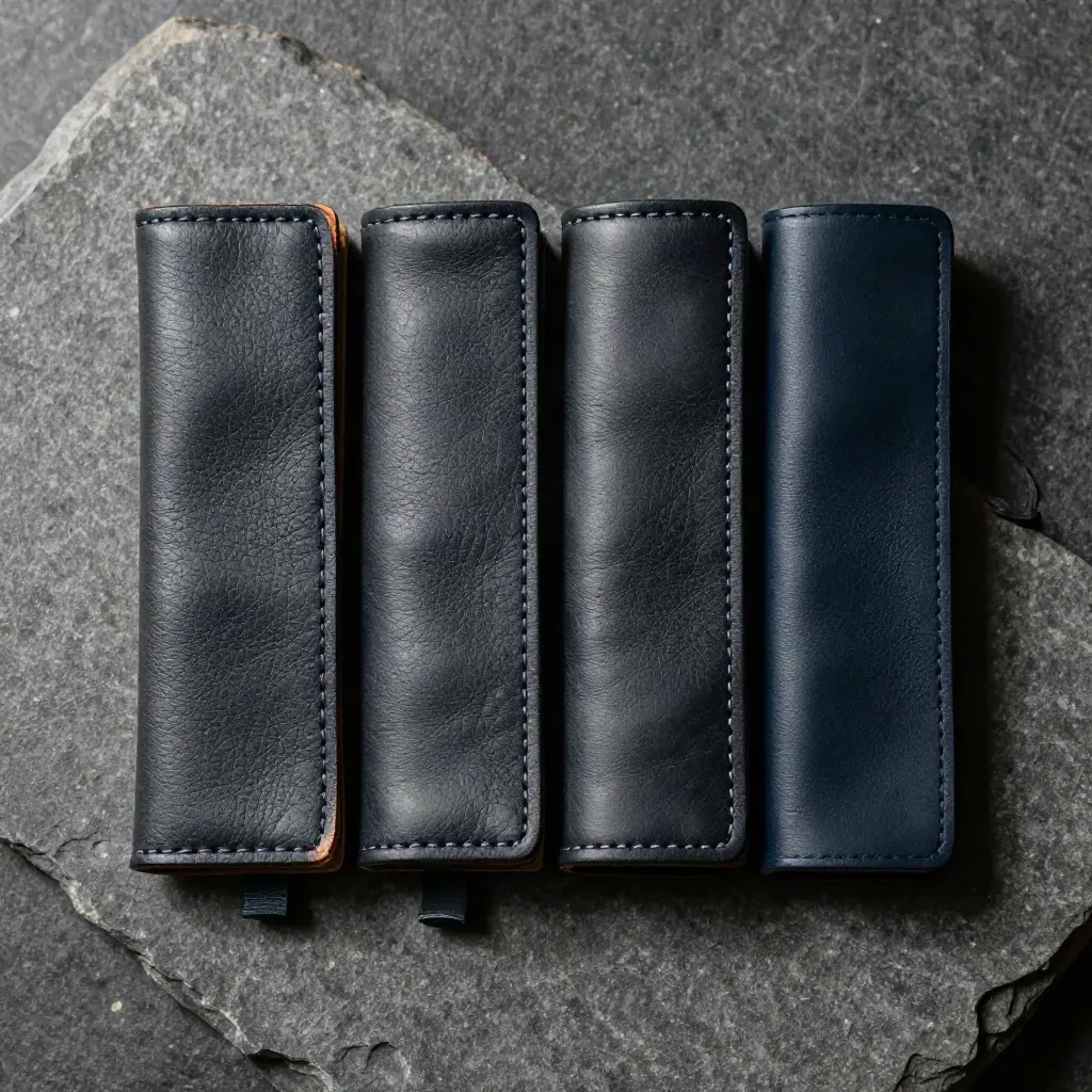 Four leather cohort sleeves aligned on brushed stone with a divider tab and rubber band.
