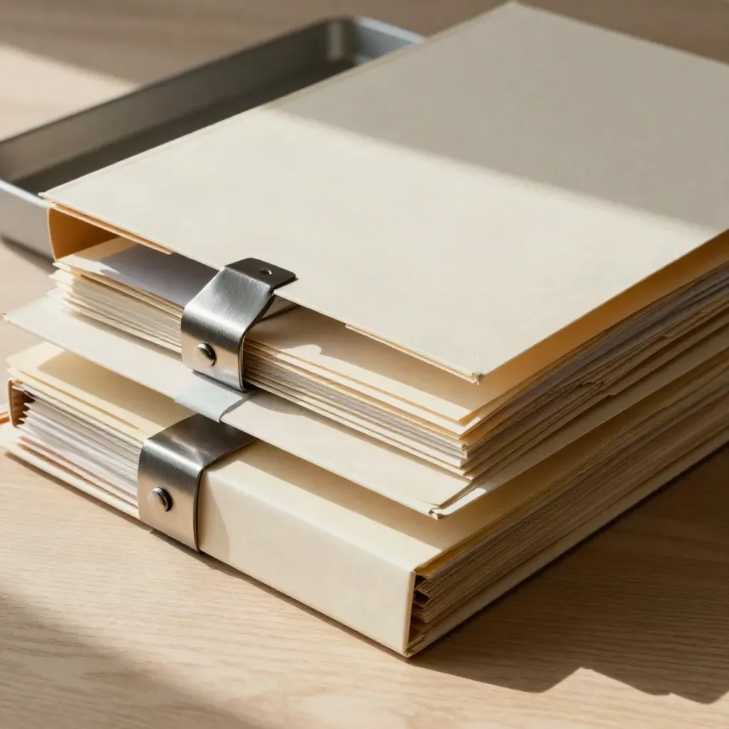 Archival folders, metal clip and envelope tray on pale wood, lit by soft daylight.