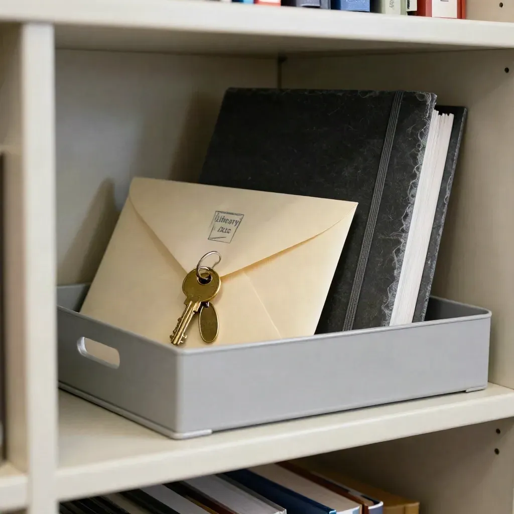 Campus staff mail tray, library stamp, keys and binder on a pale plaster shelf in dramatic light.