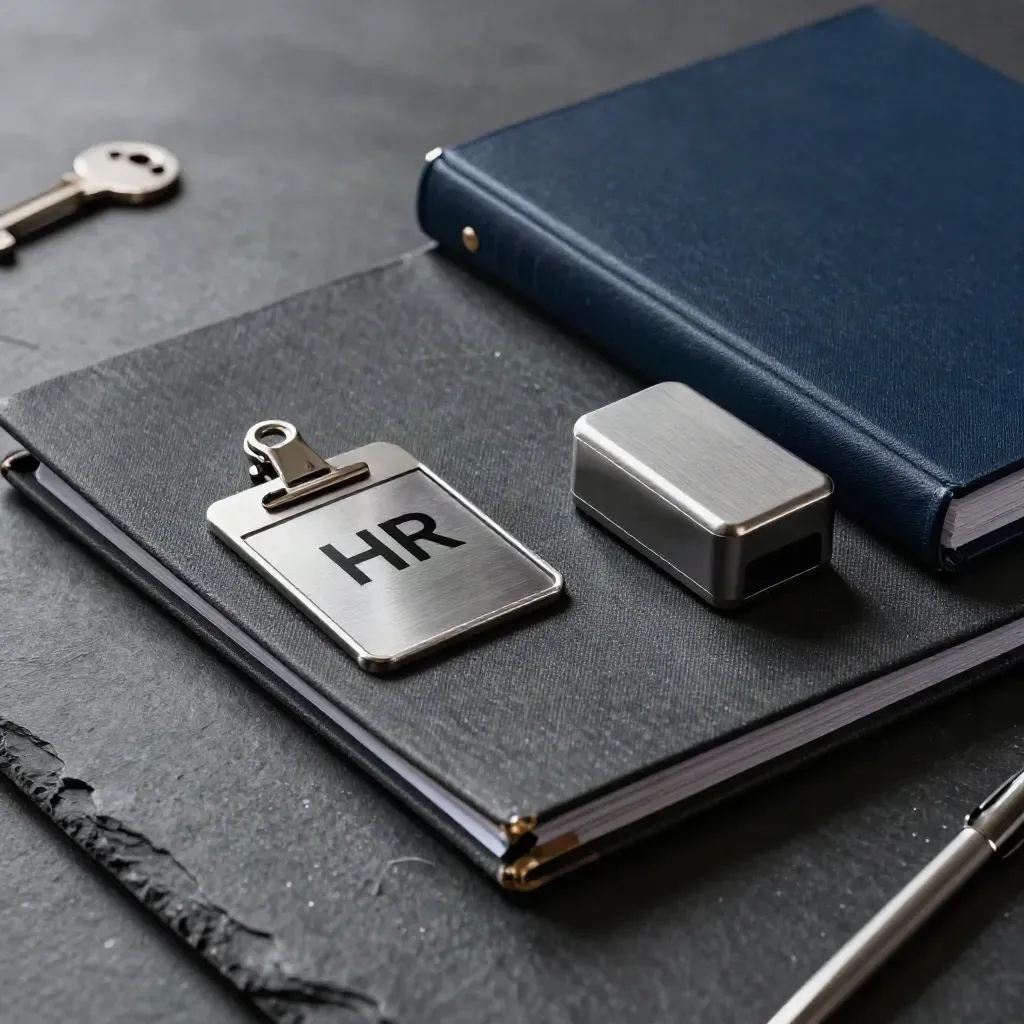 HR program folder, timer, paperweight and binder on slate seen through glass