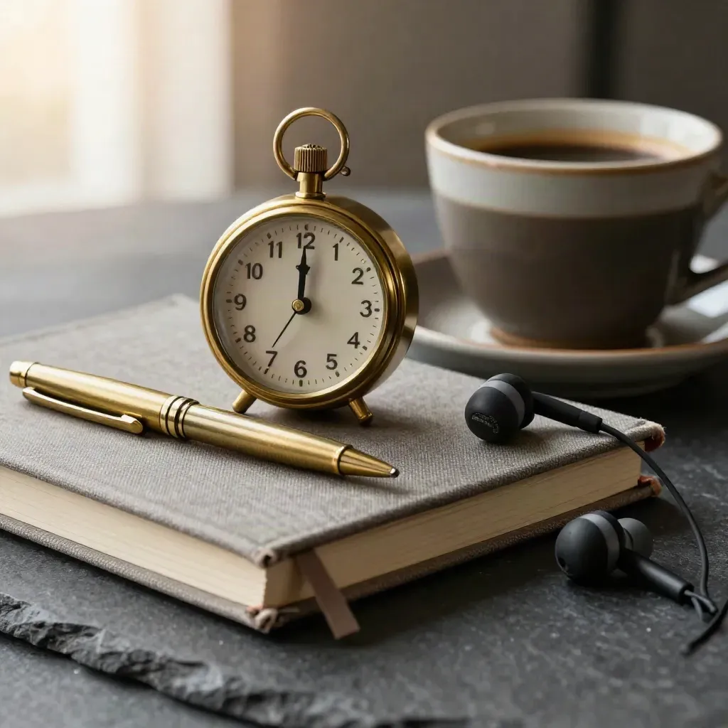 Brass timer, closed notebook, pen, coffee cup and earbuds on dark stone, lit warmly.