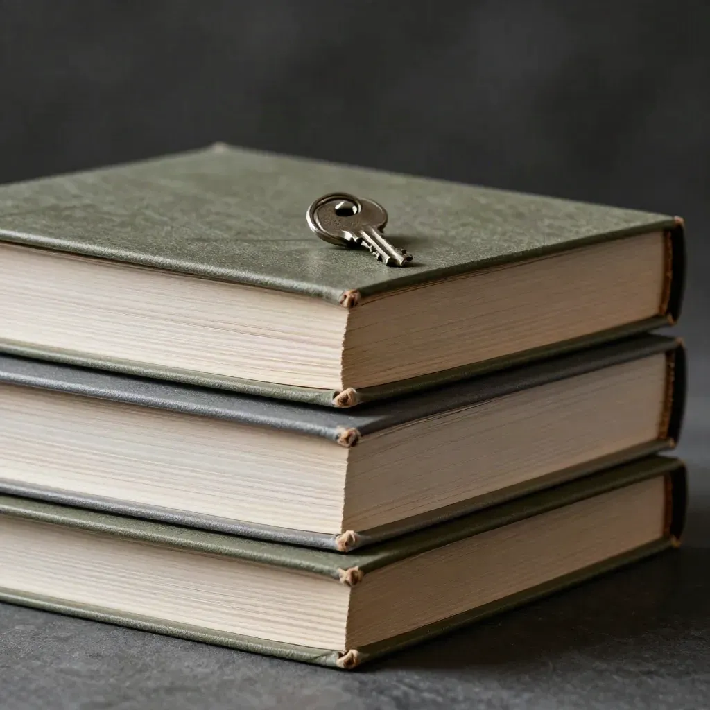 Library stamp, keys, archive box and binder on pale wood in dramatic studio light