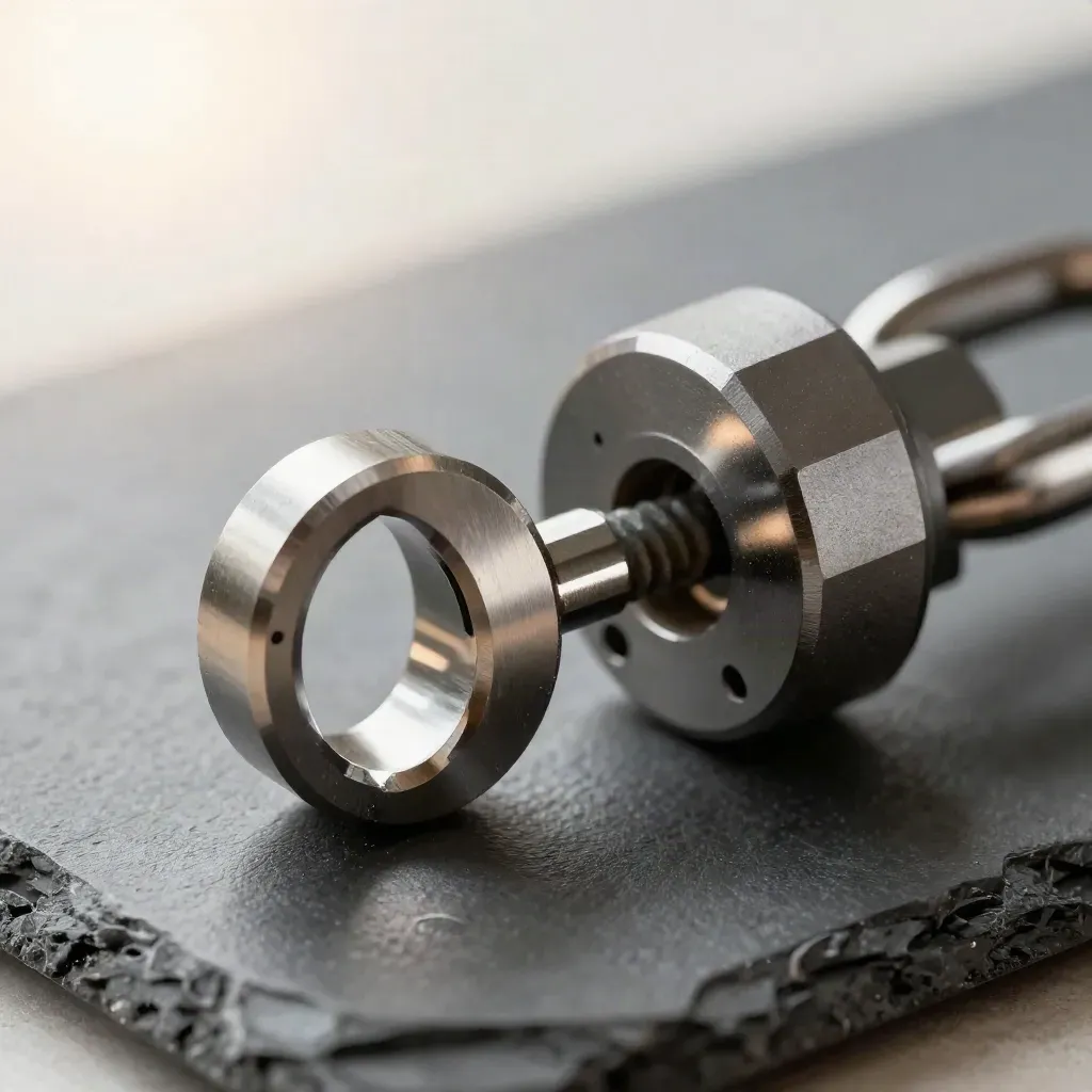 Macro of linked metal rings and machined connectors on graphite, lit from behind.