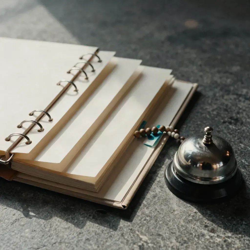 Top-down binders, divider tabs, tally beads and a desk bell on brushed stone.