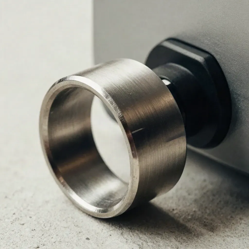 Brushed-metal coupler and cable clamp joining on pale concrete in dramatic studio light.