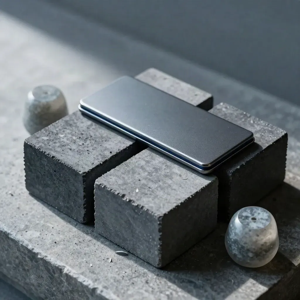 Graphite blocks, magnetic clip, and stone paperweight arranged in a precise overhead grid
