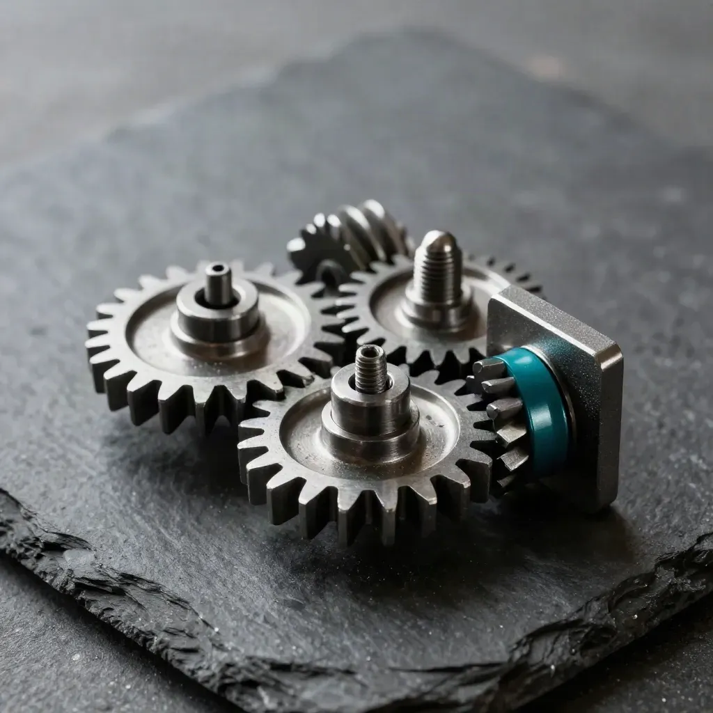 Close-up of meshing metal gears, a corner bracket, and an alignment pin on dark slate.
